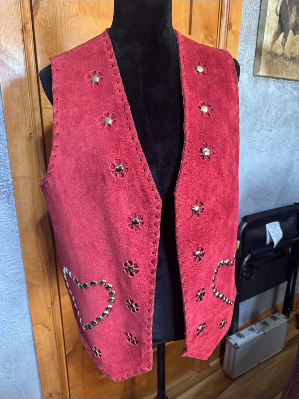 Free People Red Suede Studded Floral Cutout Vest